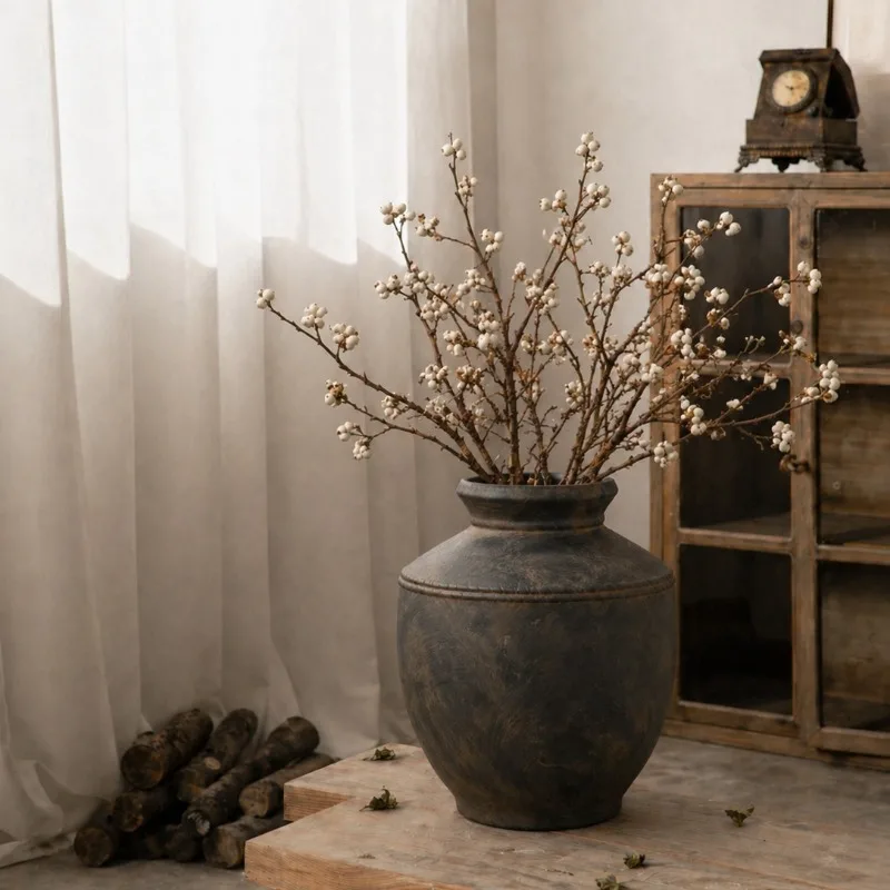 Wabi Sandy Wind Old Coarse Pottery Vase Floor Dried Flower Homestay Home Soft Retro Pottery Pot Flower Arrangement