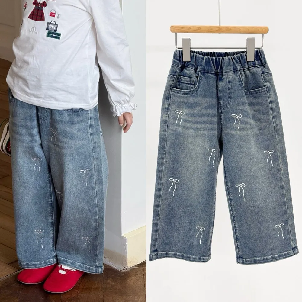 

Детская одежда для девочек, детские штаны, мягкие джинсы для девочек, повседневные свободные джинсовые синие широкие брюки с бантом, джинсы для девочек