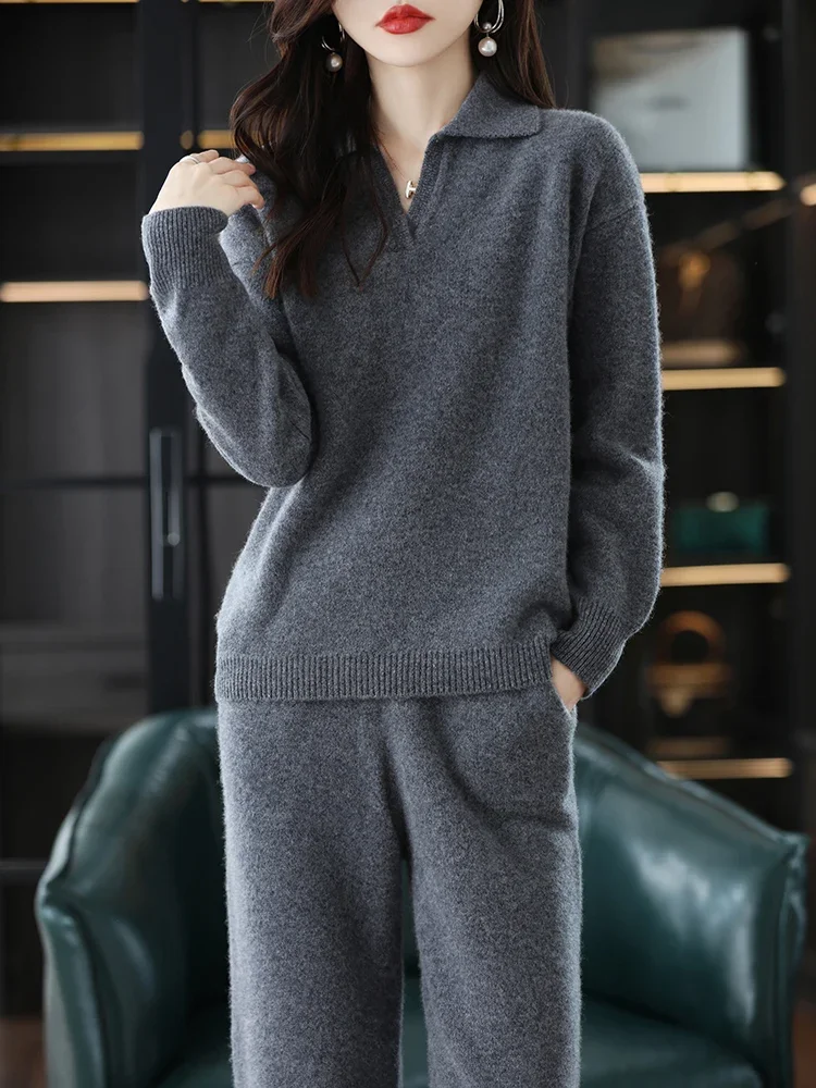 New Cashmere Suit Female Lapel Korean Version of Senior Casual Sweater Wide-Leg Pants Wool Knitted Two-Piece Suit