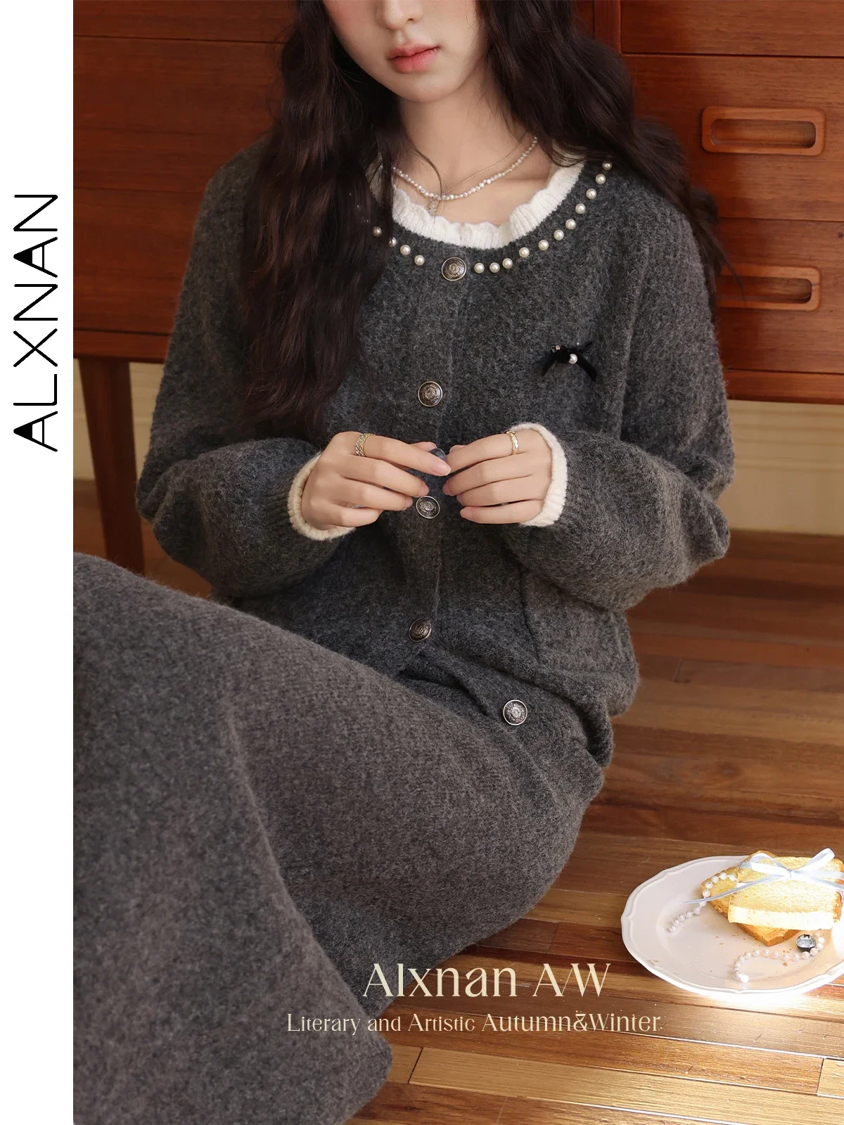 Alxnan plus size saia feminina cinza escuro a linha cintura elástica saias longas 2025 outono inverno elegante roupas femininas d08853bsq
