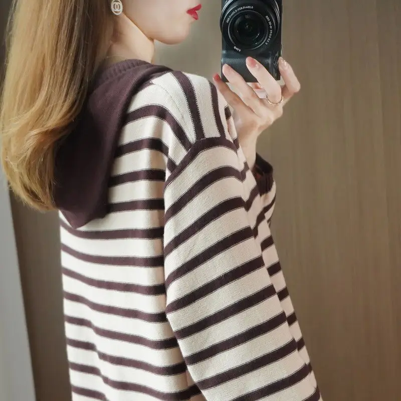 2023 Autumn and Winter Women\'s New Hooded Knit Sweater Sweater Loose Striped Versatile Comfortable Western Bottom Hat Top