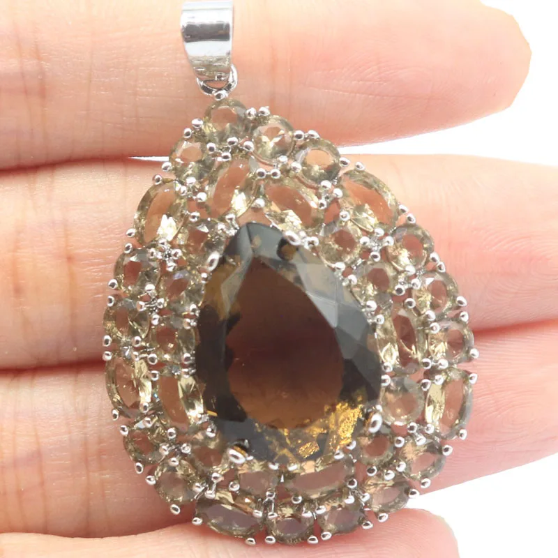 SheCrown 48x30mm Highly Recommend Pink Kunzite Green Peridot Smokey Topaz Ladies Dating Silver Pendant