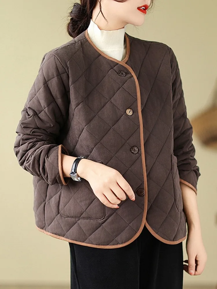 Women Casual Quilted Coats New Arrival 2023 Autumn Winter Vintage Style Solid Color Loose Female Long Sleeve Padded Jacket B3184