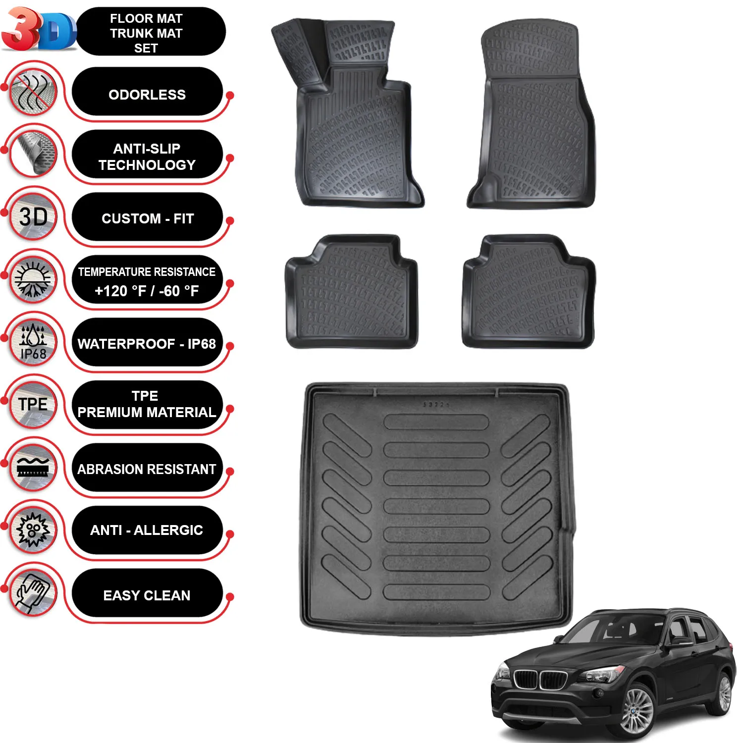 

BMW X1 - (2010-2016) - Floor Mats + Cargo Trunk Liner - SET - (Black)