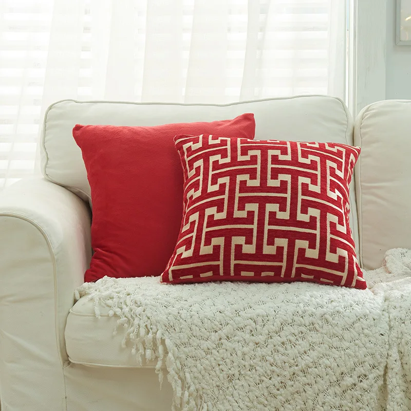 Chenille Jacquard Pillowcase 30x50cm/45x45cm Geometric Throw Pillow Cover for Home Decor Cushion Shell Gift Chinese Red