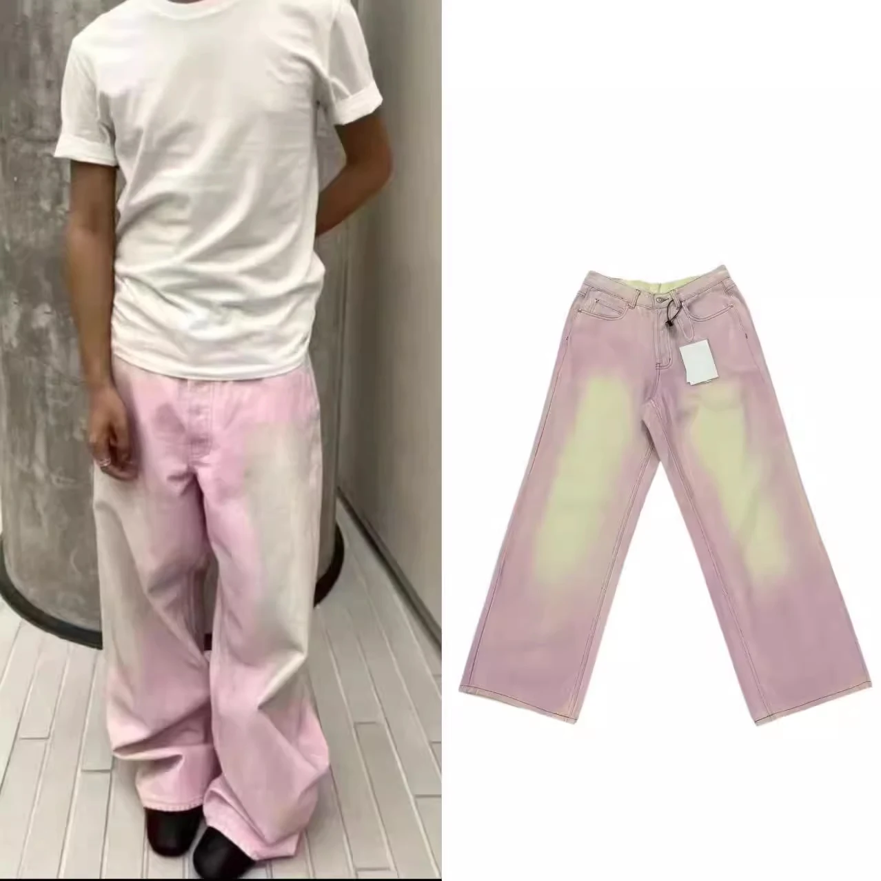 Firmranch New 2024 Gradient Pink Jeans Both For Men/Women High Street Loose Straight Stacked Jeans Chic Baggy Denim Pants