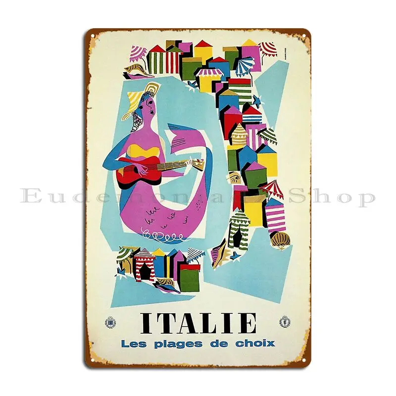 Retro Naive Cubist Italian Beaches Mermaid Travel Ad Metal Plaque Poster Designing Garage Cinema Wall Cave Tin Sign Poster