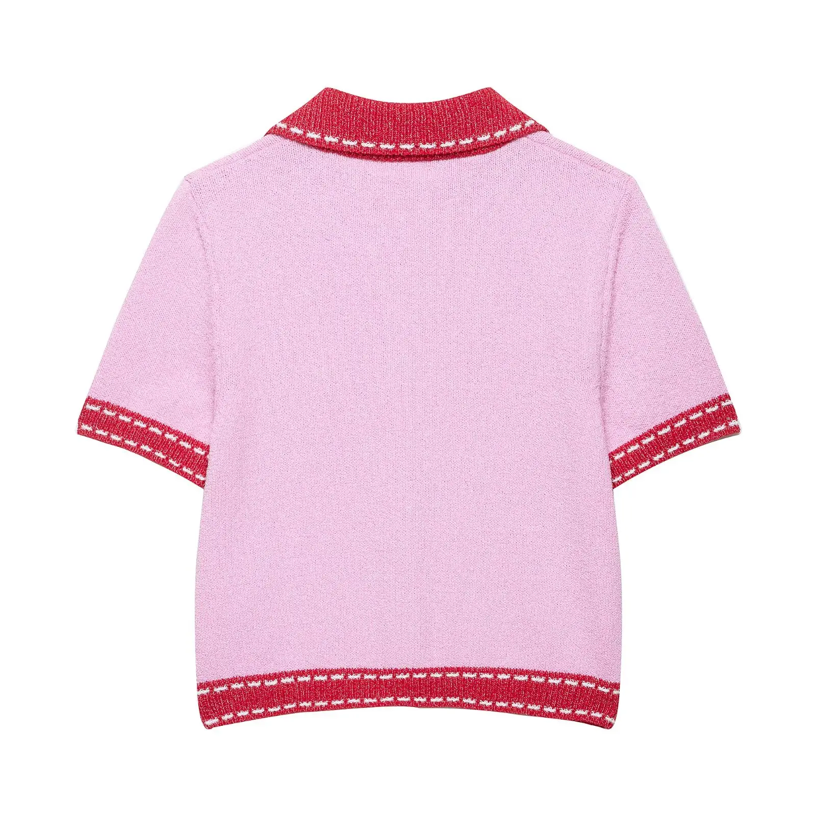 BSAY 패션 신상 여성용 2025 싱글 버튼 칼라 스티치 장식 반팔 배색 니트 코트 탑