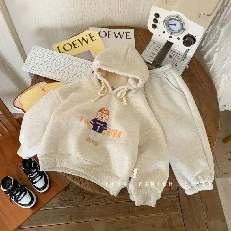 Children's Set Autumn Winter Baby Boys Girls Suit Bear Hooded Integrated Velvet Thick Hooded Sweatshirt +sweatpants Two-piece