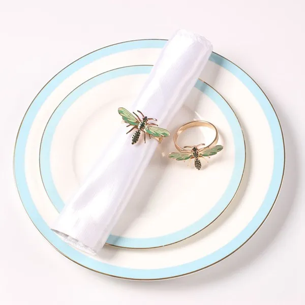 A01F-12Pcs Dragonfly Napkin Buckle Napkin Ring Alloy Green Insect Dragonfly Drip Diamond Buckle Paper Towels Napkin Holder