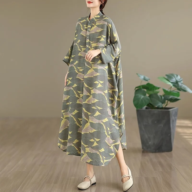 Ropa de mujer 2025 otoño nuevo estilo artístico Retro algodón cáñamo impreso cuello levantado suelto Extra grande vestido de vacaciones w1033