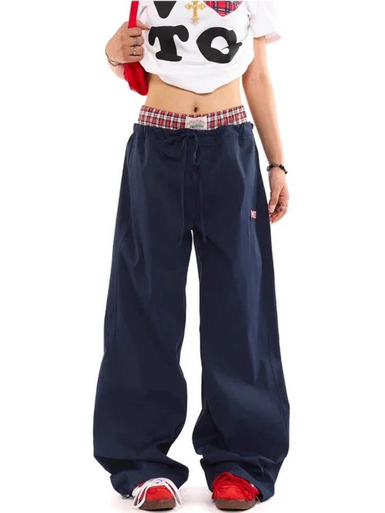 HOUZHOU Y2k Women Cargo Pants Vintage Harajuku Baggy Streetwear Wide Leg Patchwork Aesthetic Trousers Joggers American Retro