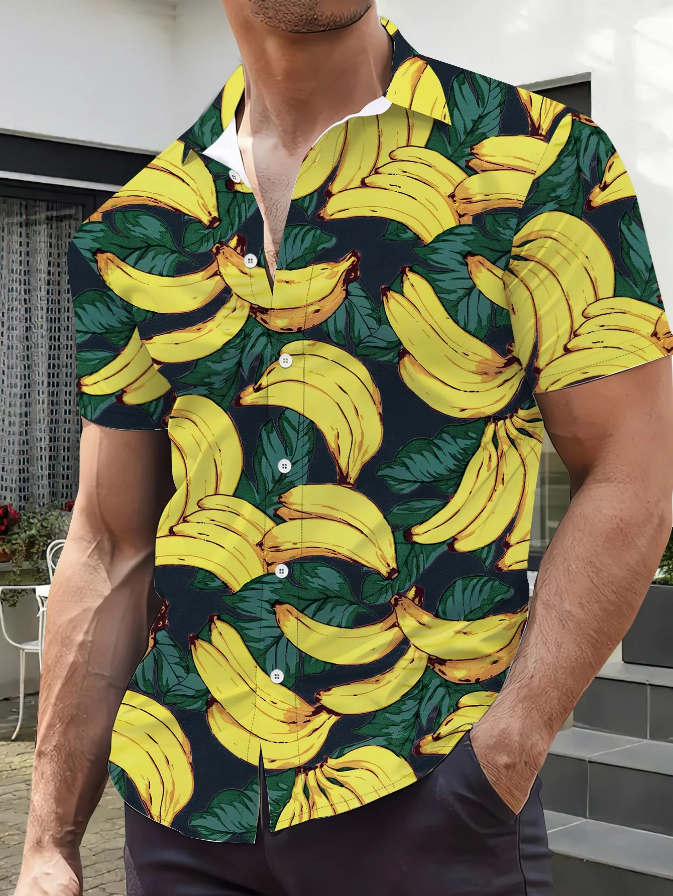 

2026 Summer Men's Shirt Street Banana Print Quick Drying Casual Outdoor Sports Casual T-shirt Shirt