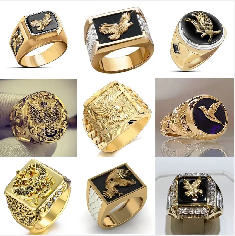 Eagle Flying Domineering Metal Eagle Male Ring Punk Style Enamel Animal Male Ring For Man Jewelry Gold Color Ring Wholesale