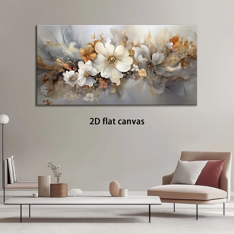 

Canvas Wall Art Golden White Flowers Modern Abstract Painting Frameless Picture Living Room Bedroom Office Home Decoration