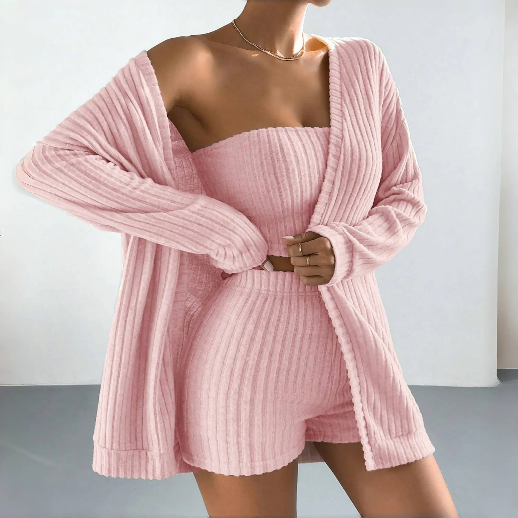 

Autumn Winter Women 3Piece Outfit Casual Loose Mid-length Knit Sweater Jacket Sexy Slim Tube Top Shorts Long Sleeve Cardigan Set