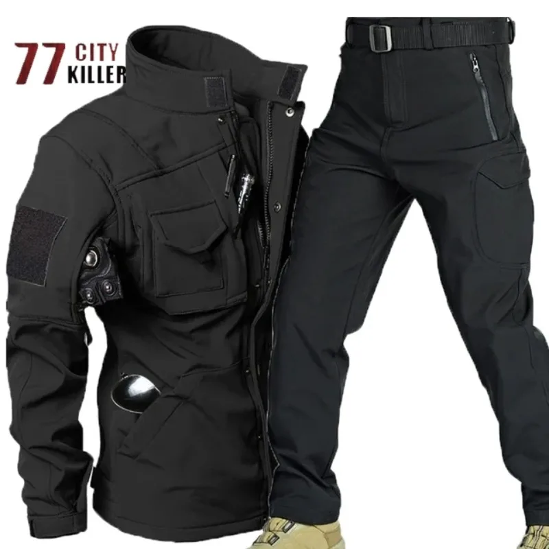 Tactical Shark Skin Standing Collar Men\'s Set Multi Pocket Zipper Windproof Waterproof Coat Men Outdoor Sports Fleece Warm Pants