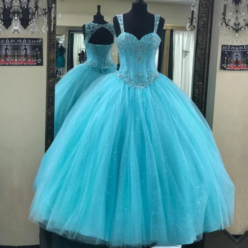 

Angelsbridep Shiny Quinceanera Dress Glittering Beading Crystals Corset Tulle High Qulaity Spaghetti Strap Prom Party Dress