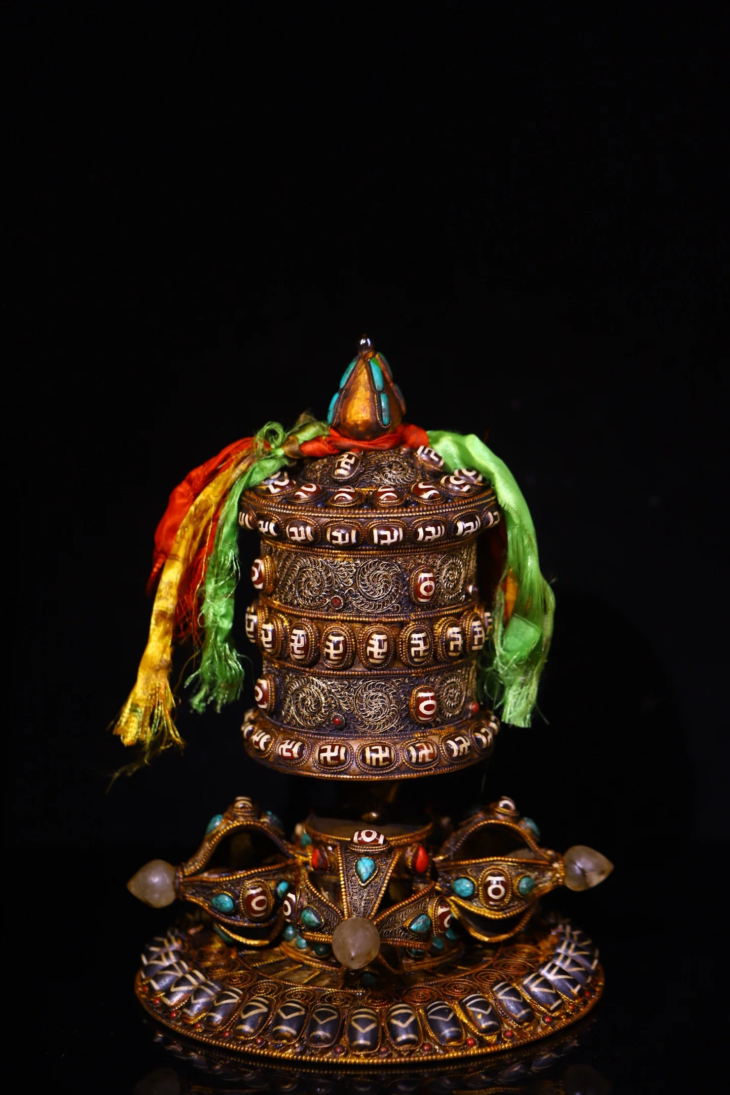 

12"Tibetan Temple Collection Old Tibetan Silver Gilded Mosaic Gem gZi Beads Turquoise Crystal Vajra Prayer Wheel Old Scriptures