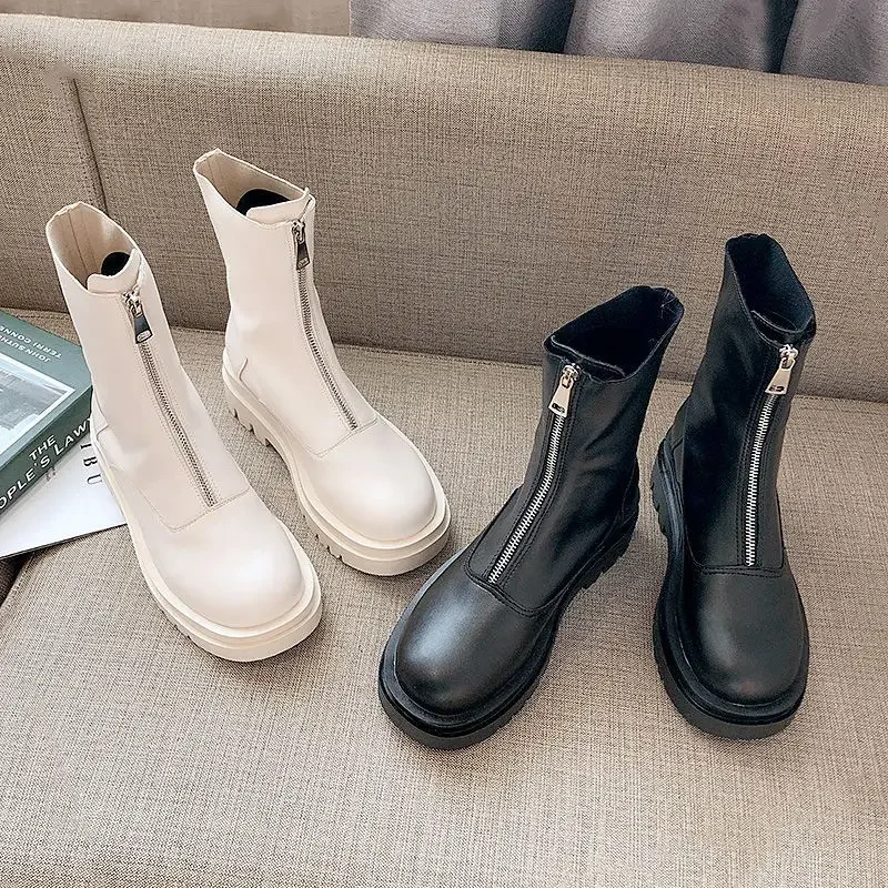 

2025 Spring New Women's Boots Fashion Simple British Style Front Zipper Women's Shoes