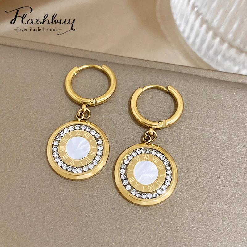 Flashbuy Luxury Women‘s Stainless Steel Rhinestone Roman Numeral Drop Earrings For Women Elegant Statement Fashion Accessories