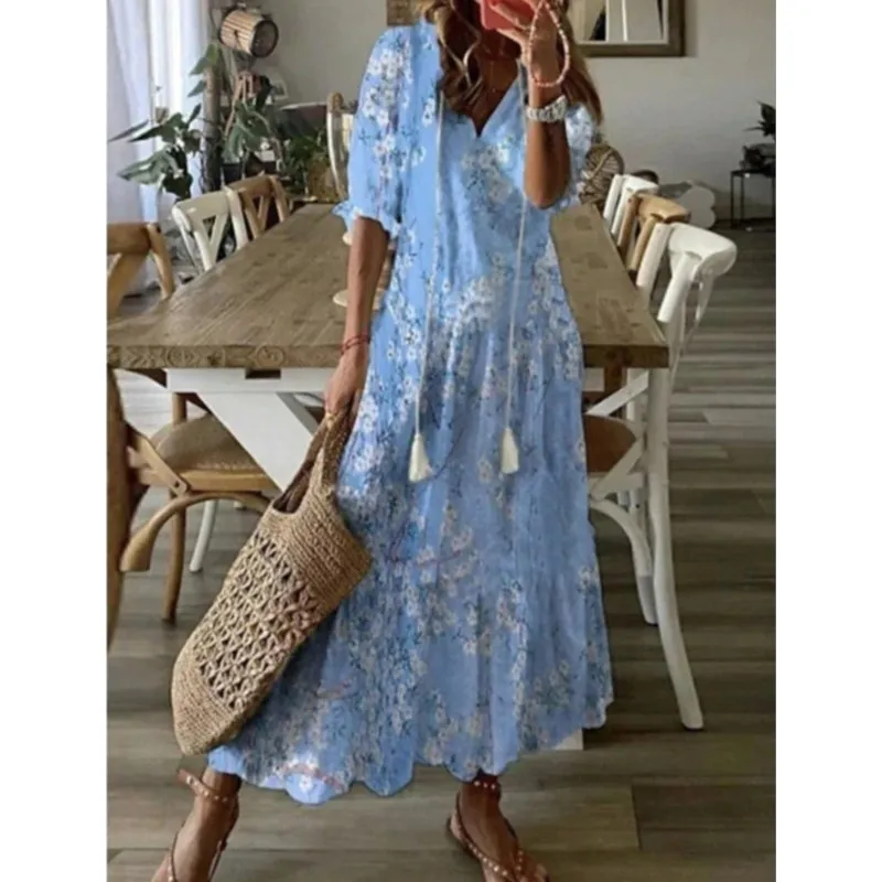 Vestidos largos bohemios con estampado elegante y cuello en V para mujer, vestido de fiesta con bolsillo para verano y primavera, Vestidos con volantes y media manga acampanada para otoño 2025