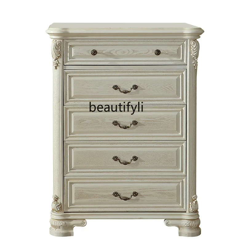 

European-Style Solid Wood White Pastoral Style Storage Chest of Drawers Elegant Bedroom Antique White Locker