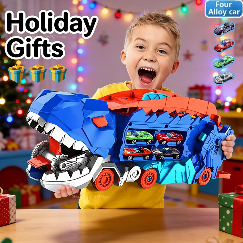 Camión de dinosaurios de transporte con plegable en pie, transforma la pista de carreras deslizante, T-rex, los mejores regalos de cumpleaños, juguetes para niños y niñas