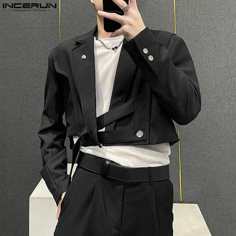 

Handsome Well Fitting Tops INCERUN Men's Blazer Adjustable Diagonal Buckle Suit Deconstructed Design Truncated Solid Suit S-5XL