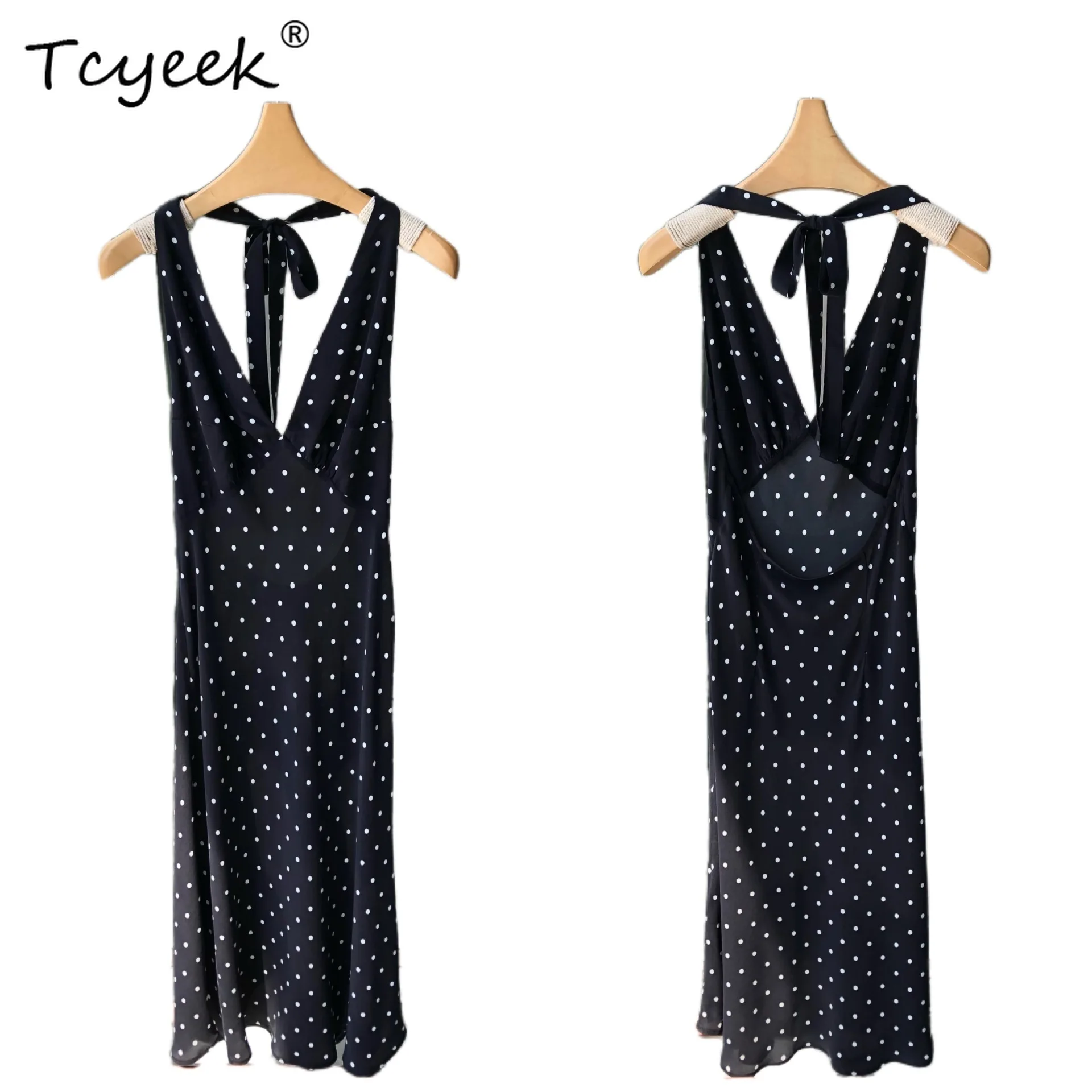 Tcyeek, 17MM 100% 진짜 실크 우아한 드레스, 여성 홀터 꽃 프린트, 휴가 패션 섹시한 드레스, 2025 여름 가을 D46812QM