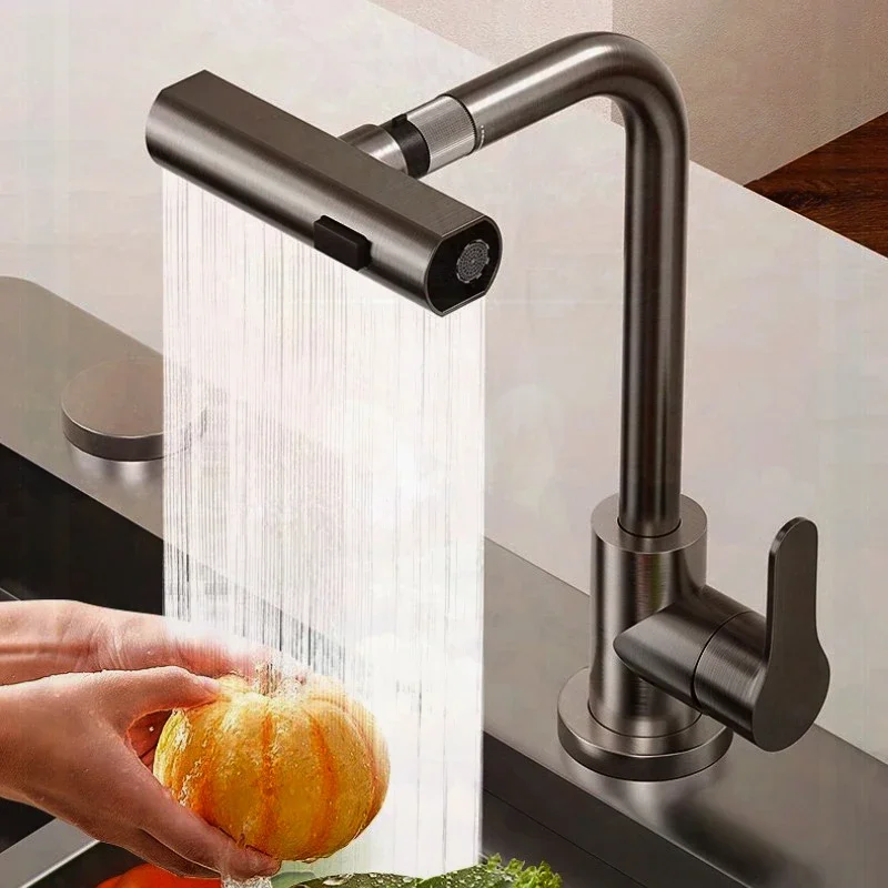 

3 Modes Waterfall Black Kitchen Faucet Rotation Stream Sprayer Head Sink Mixer Brushed Water Tap Single Hole Deck Mounted