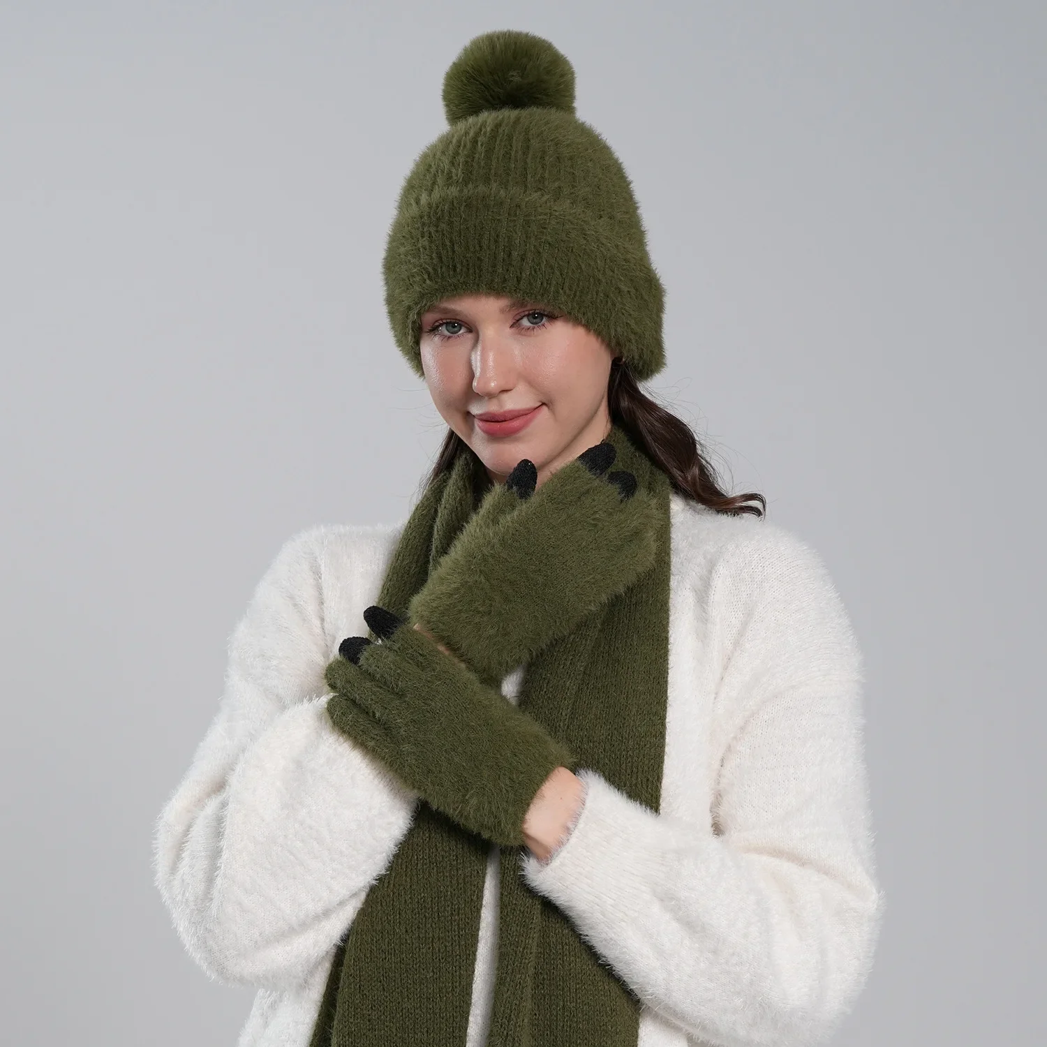 New Winter Knitted Hat Scarf with Touchscreen Gloves 3 Piece Set for Men Women Adult Unisex