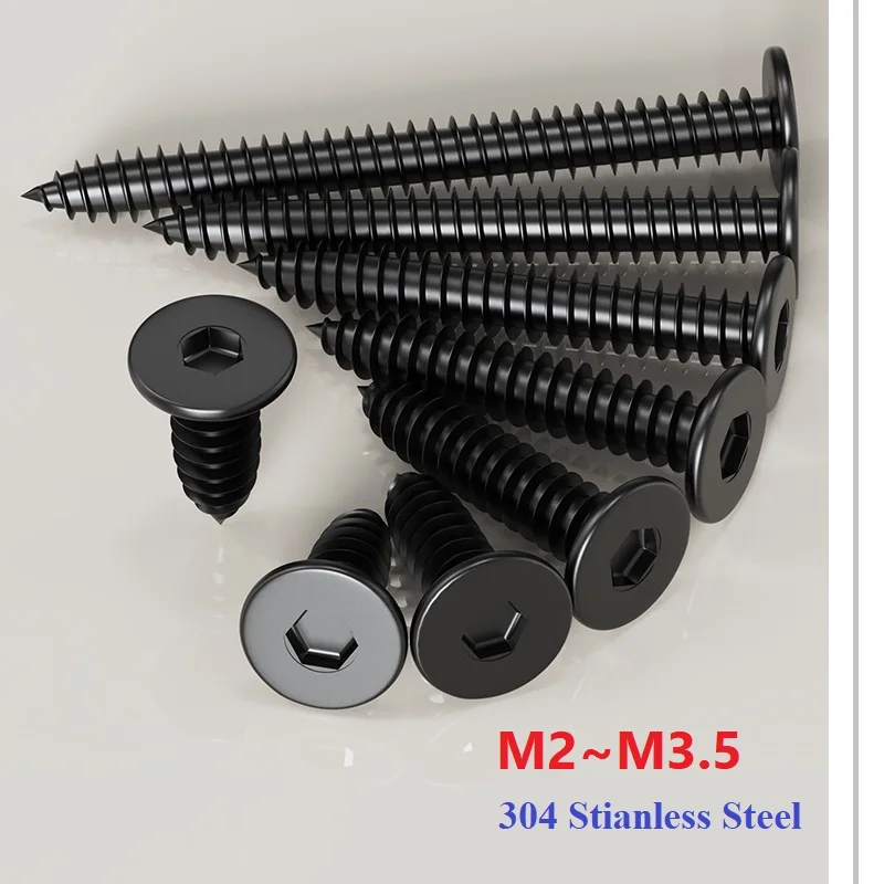 M2 M2,3 M2,6 M3 M3,5 Schwarz 304 Stianless Steel Super Ultra Thin Hex Socket Flachkopfschraube Selbstschneidende Holzschrauben