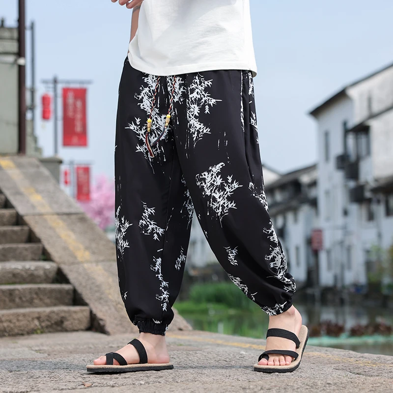 Trend Thin Ice silk pants for Men Fashion Casual Printed Men's summer pants Loose Wide-Leg Pants Harem Pants Men