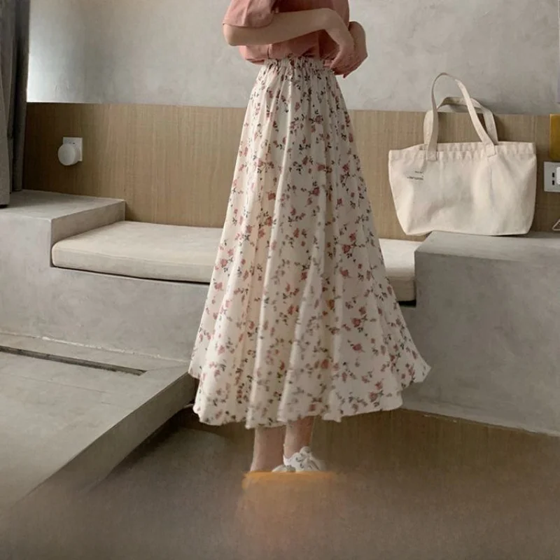 

Summer 2023 Women's Long Casual Floral Print Skirt High Waist A-Line Midi Skirt Fre Sle Casual Wear for Young Ladies