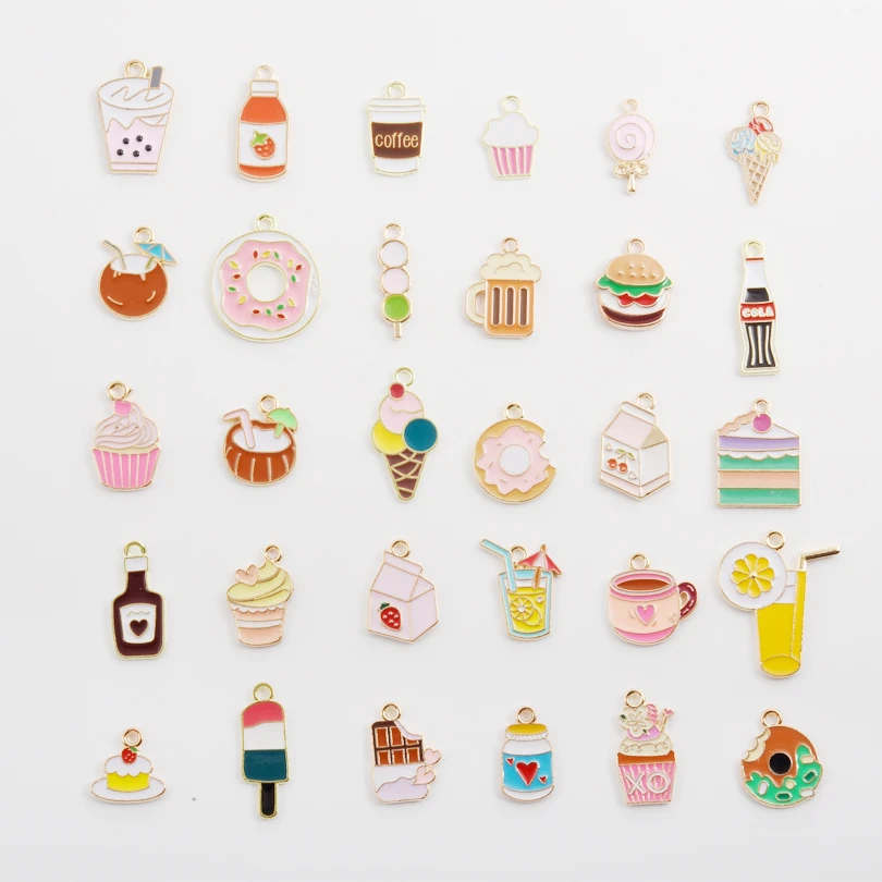 10/30/50/70PCS Random Mixed Donut Juice Cake Food Charms Alloy Food Series Pendant For DIY Earrings Bracelet Jewelry Accessories