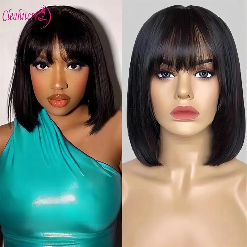 

Bob Wig With Bangs Human Hair 180% Density Glueless Short Bob Wig Full Machine Made Fringe Bob Wig Human Hair Natural Color