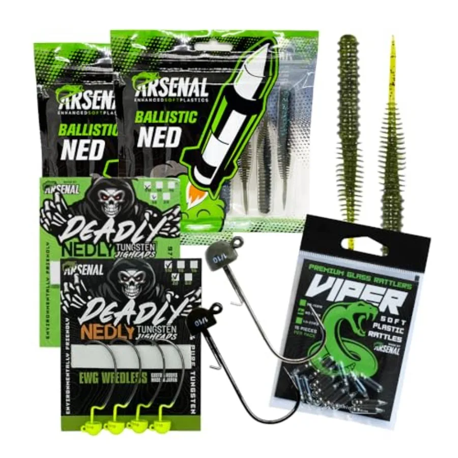 

Fishing Ned Re-Supply Kit - 8 Piece Set for Bass Fishing, TRD Finesse Baits, Weedless Jigs, Worms for Freshwater and Tournament