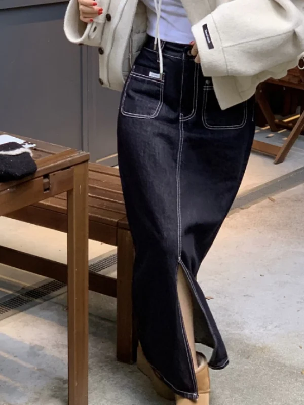 

Retro Denim Skirt Women's Korean Sle Faionable Buttoned Mid-Length Slit High Waist Ci Commute ket Detail