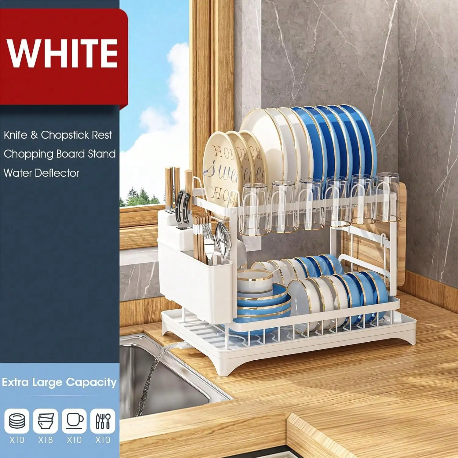 رف تجفيف الأطباق من طبقتين مع لوح تصريف، منظم رف الأطباق المعدني بالوعة والكونترتوب، مصارف الأطباق لطاولة المطبخ،