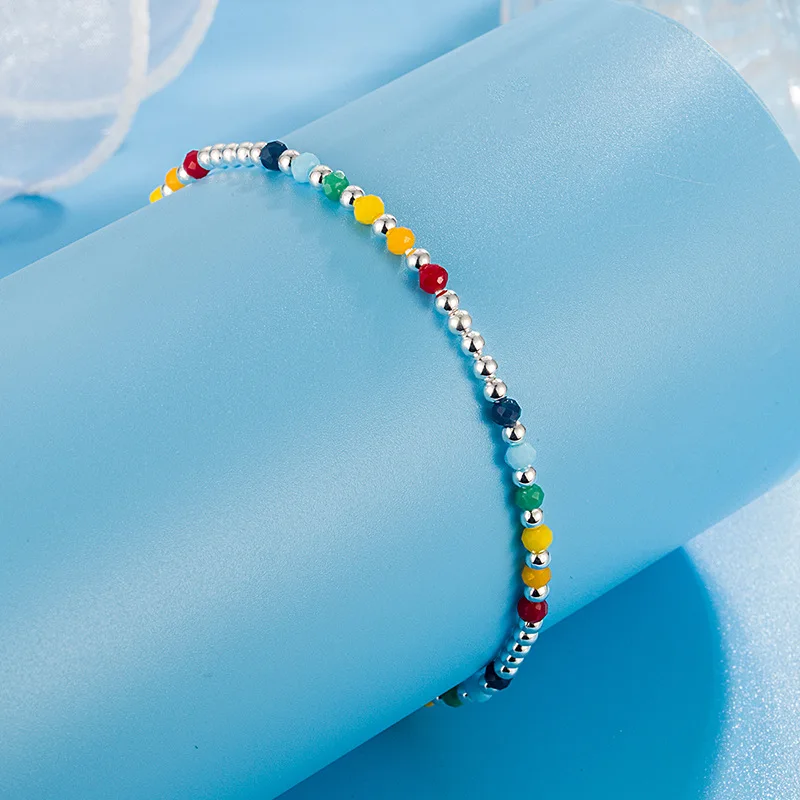 سوار وخلخال فاصوليا قوس قزح الفضي عبارة عن خلخال خرز بوهيمي صيفي مصنوع يدويًا من أجل هدية مجوهرات سعيدة ومريحة