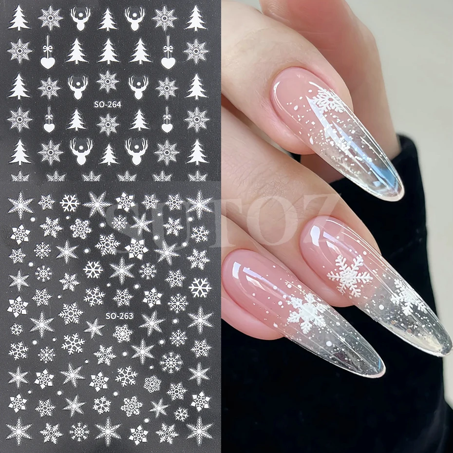 White Snowflake Christmas Nail Art Stickers Xmas Snow Flower Deer Trees Festive Red Santa Claus New Year Manicure Decor LESO-263