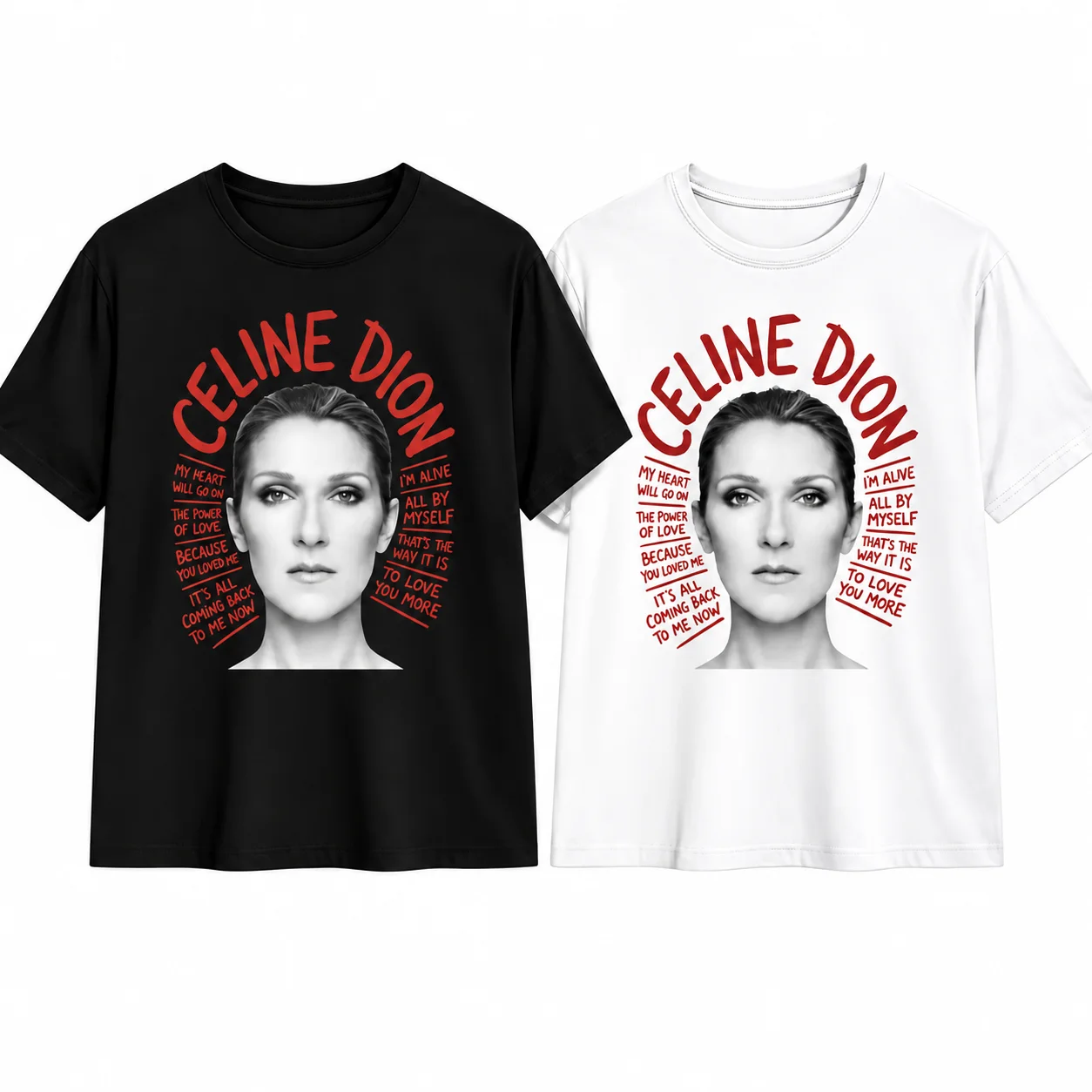 Celine Dion Portrait Lyrics Graphic T‑Shirt Men Women Unisex Cotton Short Sleeve Tee Vintage Pop Music Fan Streetwear Tops