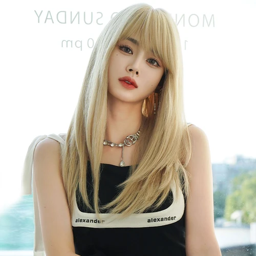 Imagen 2 del producto Pelucas 7JHH, peluca rubia en capas para mujeres, pelucas de pelo liso suelto sintético de alta densidad con flequillo limpio, amigable para principiantes