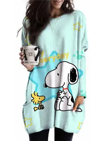 2024 가을 여성 패션 여성 탑 스누피 프린트 포켓 티셔츠 루즈 캐주얼 라운드 넥 긴 소매 티셔츠