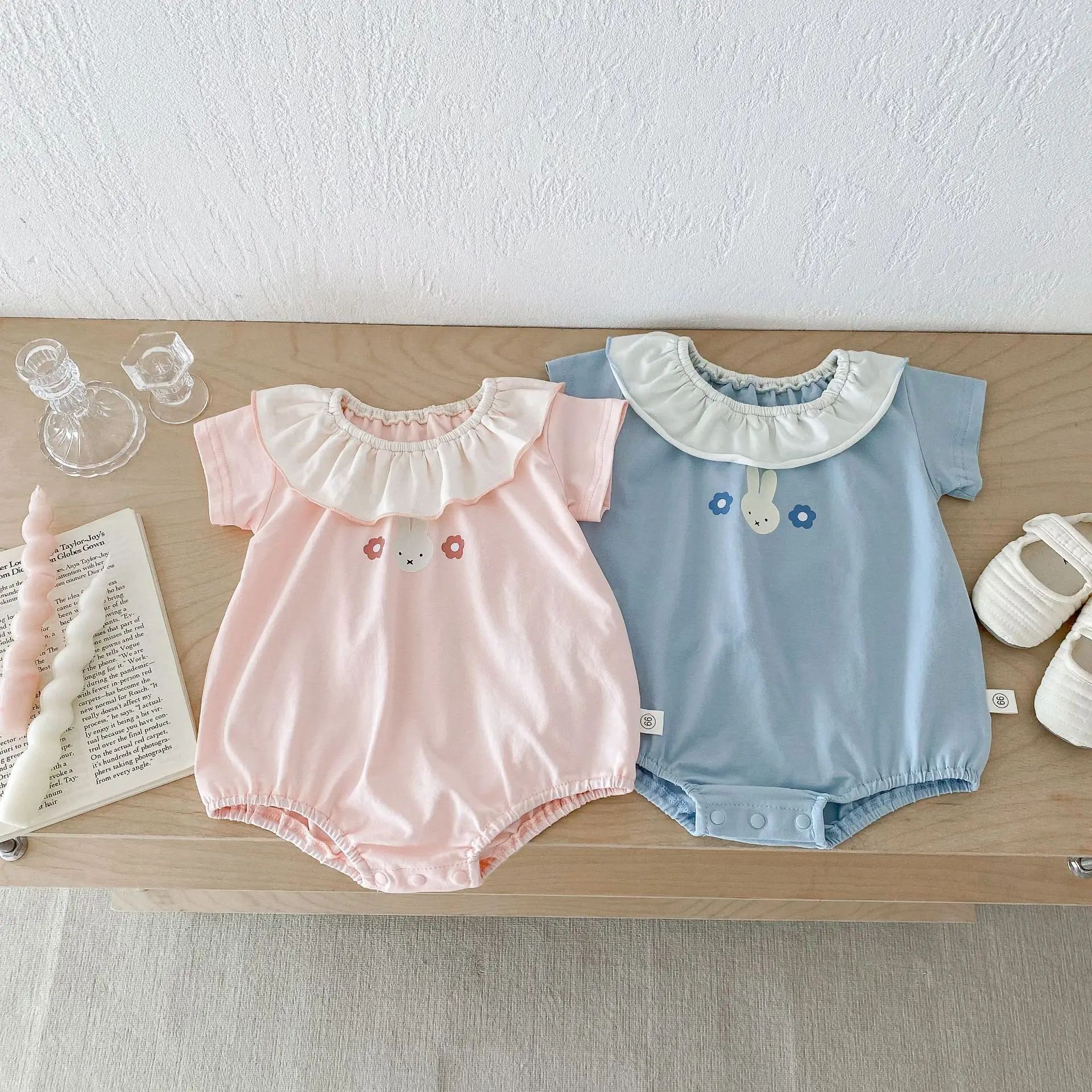 Baby Clothes Summer Newborn Baby Bodysuit Cute Rabbit Print Infant Cartoon Onesie Lotus Collar Toddler Short Sleeve Bodysuits