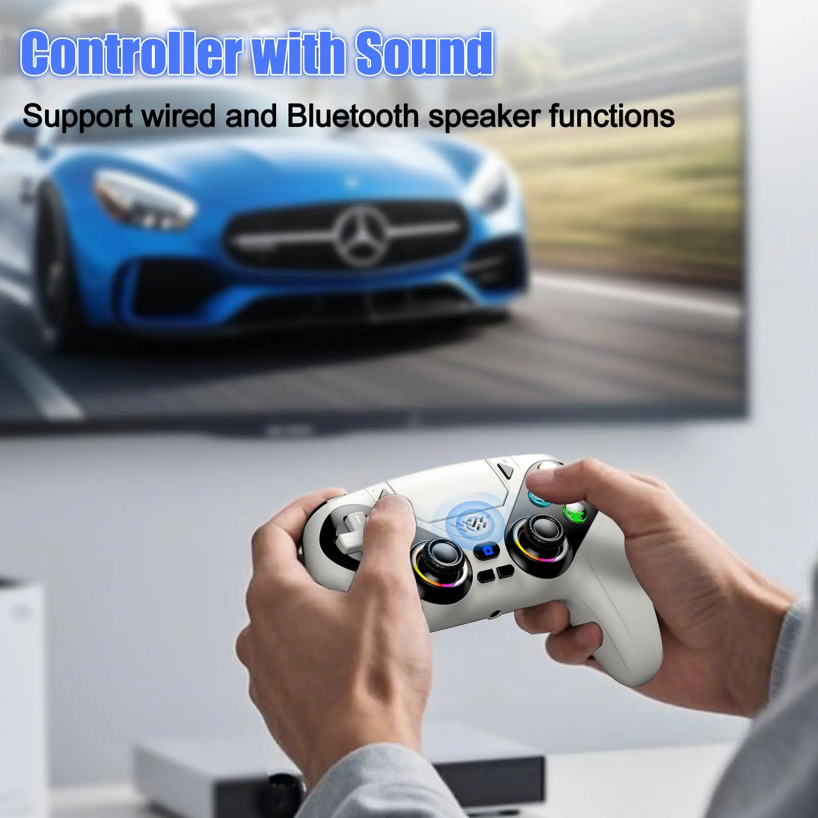 وحدة تحكم لـ PS5 RGB Lirhts وحدات تحكم الألعاب اللاسلكية لـ Playstion 5 Pro/Slim/PC مع تأثير القاعة يشغل الاهتزاز التوربيني
