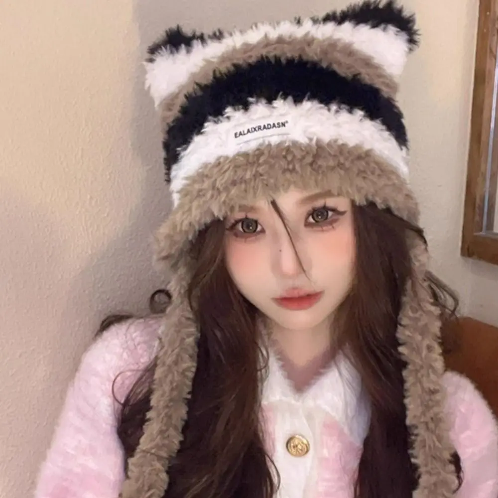 Cute Cat Ear Women Knitted Hat Thick Warm Contrast Stripe Winter Beanies Cap Windproof Ear Protection Pullover Hat