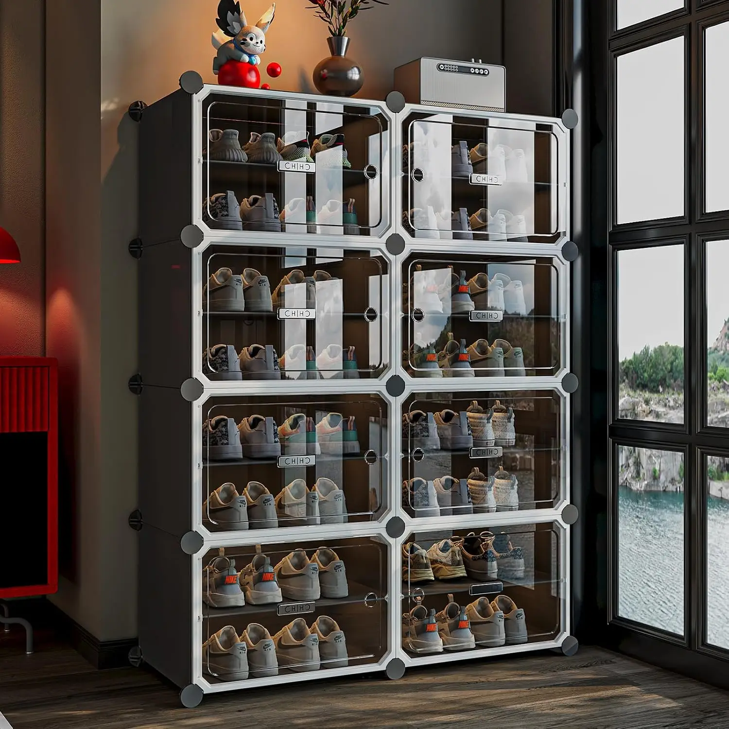 Zapatero Expandible con Puertas, Organizador de Zapatos de Gran Capacidad para Entrada, Armario o Pasillo, Torre de Almacenamiento Modular Personalizable con Capacidad para Treinta y Dos Pares, Negro