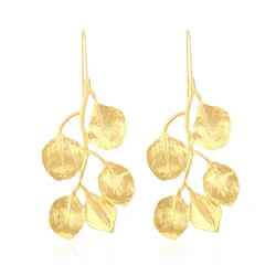Exaggerated Long Alloy Big Leaf Earrings for Women Lines Retro Creative Ear Hook Personality Gold Color Female Elegant Jewelry